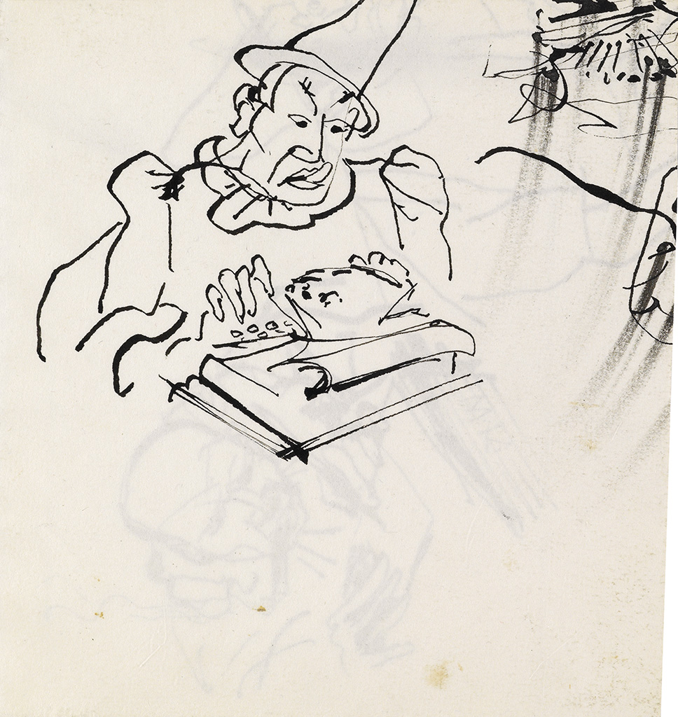 WALT KUHN Group of 7 pen and ink drawings of clowns, acrobats and other performers.